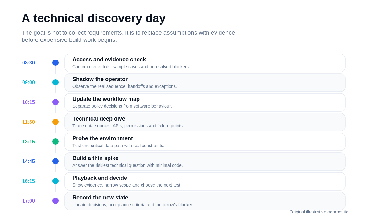 Timeline of an illustrative FDE technical discovery day from access checks and operator shadowing through workflow mapping, API probes, a prototype spike and a decision update.