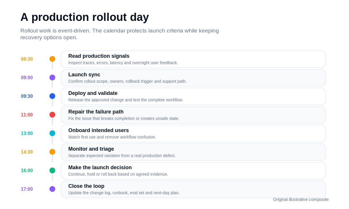 Timeline of an illustrative FDE production rollout day from telemetry review through deployment, defect repair, user onboarding, monitoring, launch decision and runbook updates.
